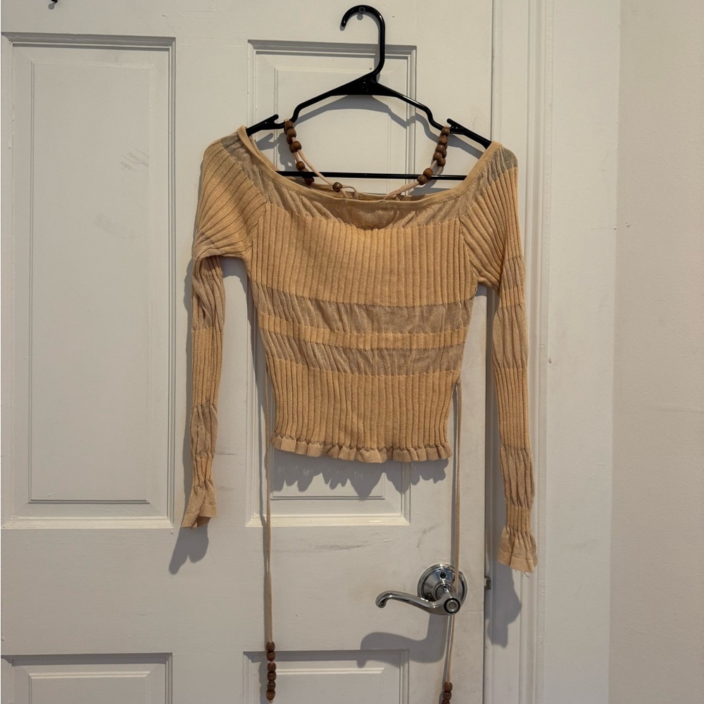 VRG GRL Small Beige Ribbed Off-Shoulder Top